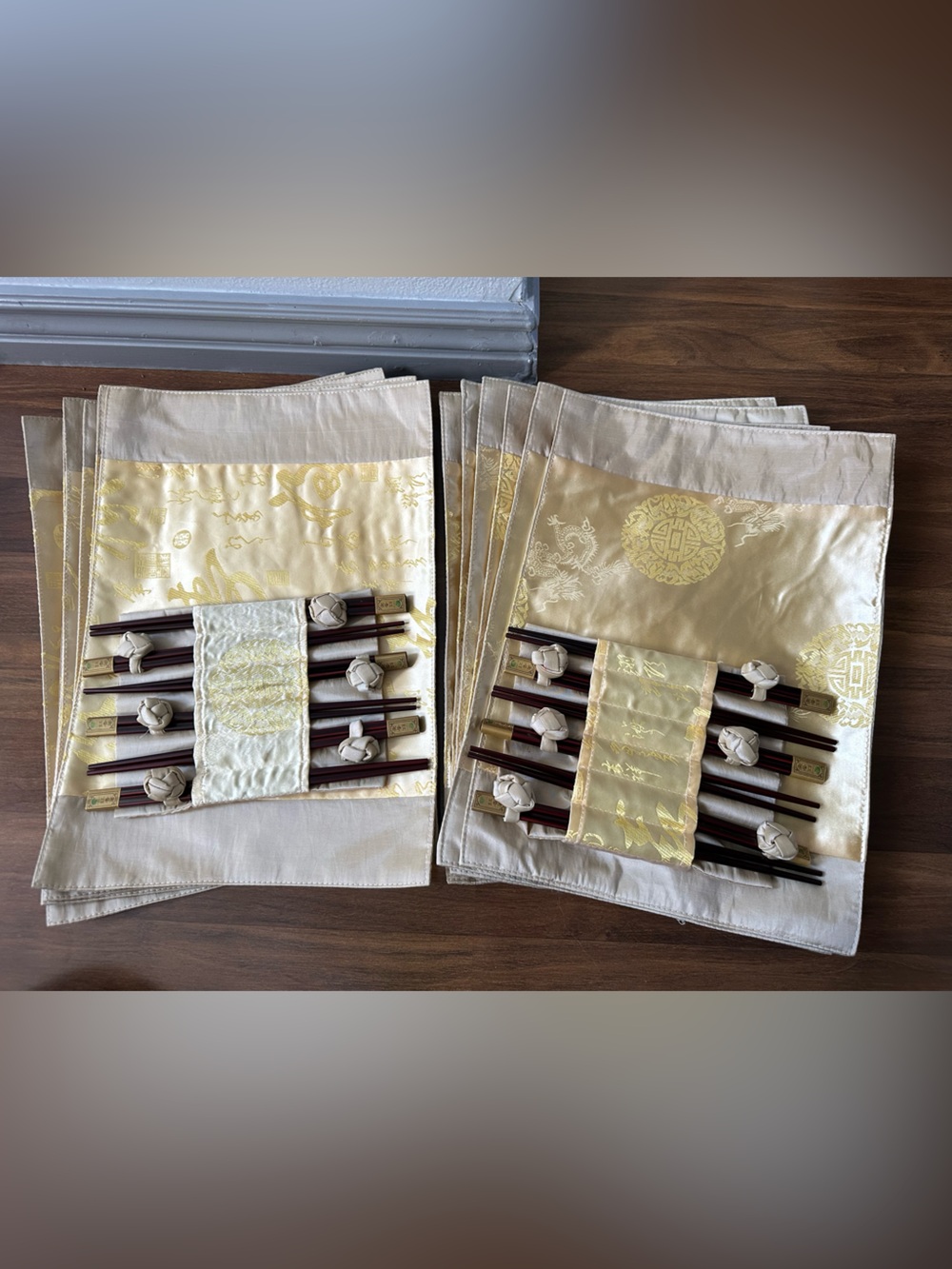 Vintage Cream and Gold Satin Placemat Set with Matching Chopsticks